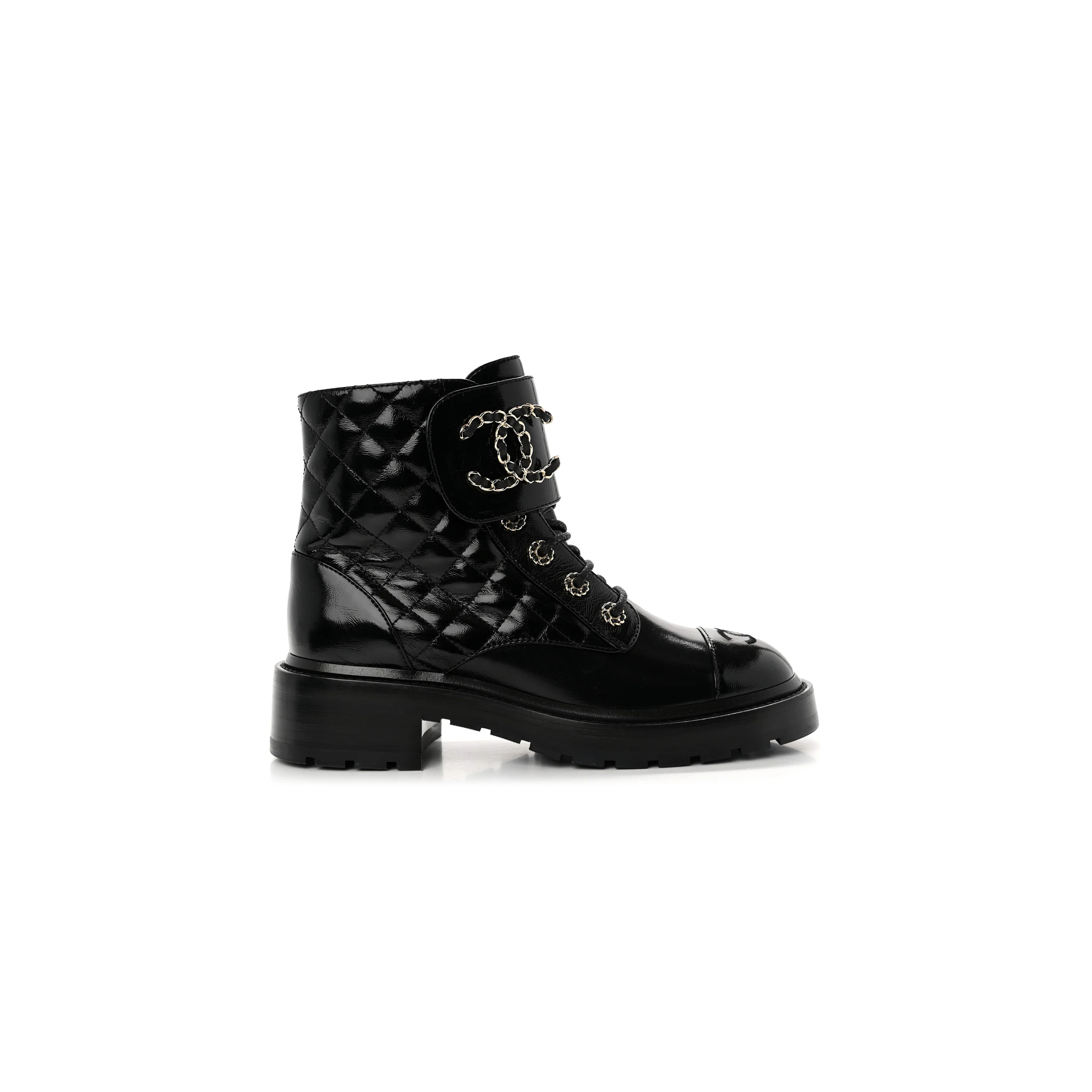 CHANEL SHINY CALFSKIN QUILTED LACE UP COMBAT BOOTS G36424